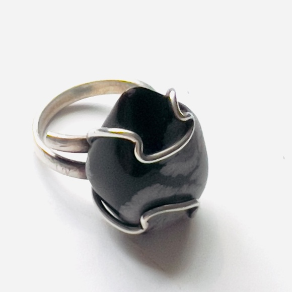Snowflake Obsidian Statement Ring - 1" Teardrop - Adjustable -Vintage - Picture 9 of 11